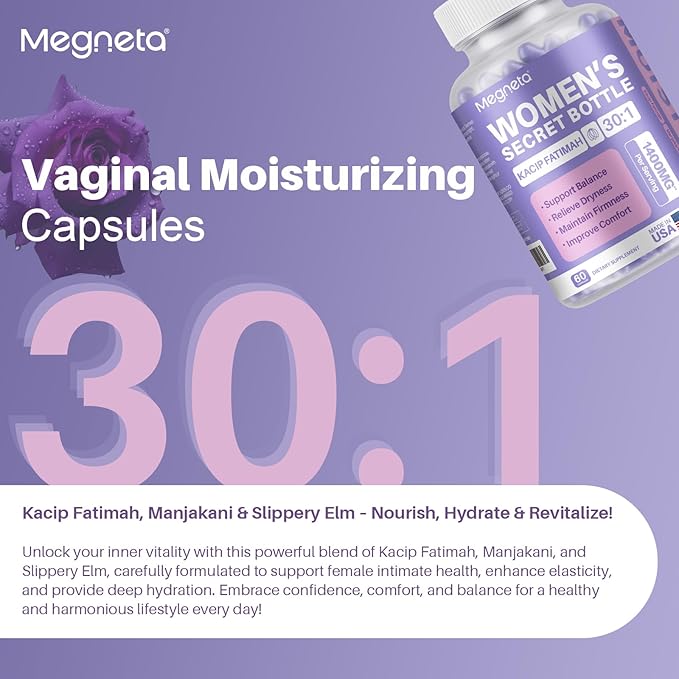 Vaginal Moisturizer, Kacip Fatimah 1,000mg & Manjakni 200mg for Female Intimate Health, Slippery Elm for Women, Vegan, 60 Capsules