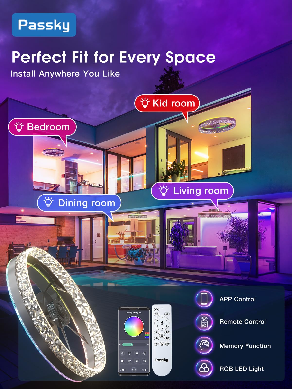 Passky RGB Flush Mount Ceiling Fan with Light, 19.7in  cutting edgeless, APP & Remote Control, Black, Model NFM0201081