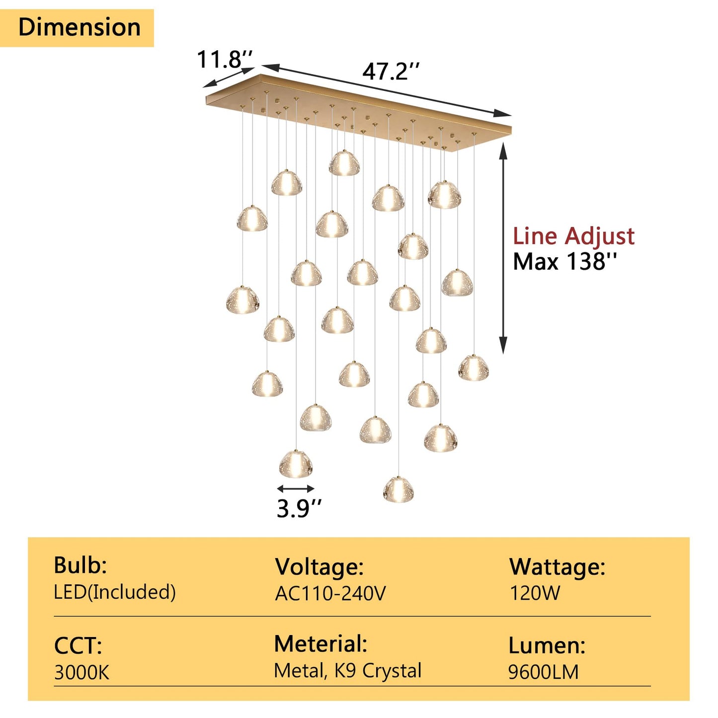24-Lights Modern Crystal Rectangular Chandelier Led Raindrop Ceiling Pendant Light Crystal Lighting Fixture For Living Room Hotel Staircase Hallway Foyer Entryway Bedroom Gold