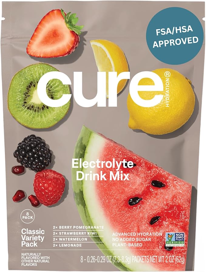 Cure Hydration | Plant-Based Electrolyte Drink Mix | No Added Sugar | FSA-HSA | Dehydration Relief Powder Made with Coconu...