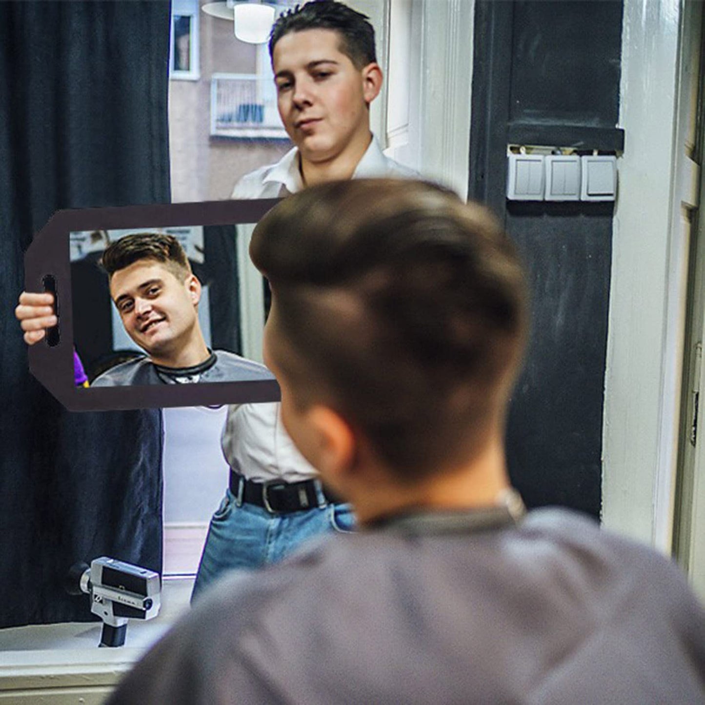 Feisate 4 Pack Barber Mirror Handheld Foam, Salon Large Hand Mirror with Double Handle, Square Foam Mirrors Barber, Barbershop H