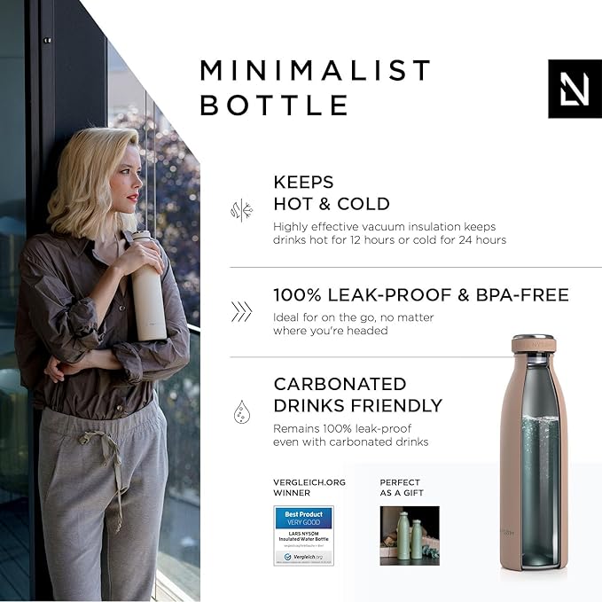 LARS NYSØM Stainless Steel Insulated Water Bottle 12oz 17oz 25oz 34oz 51oz | BPA-free Insulated Thermo Flask for Hot and Cold Beverages | Leakproof Drinking Bottle (Café au Lait, 17oz)