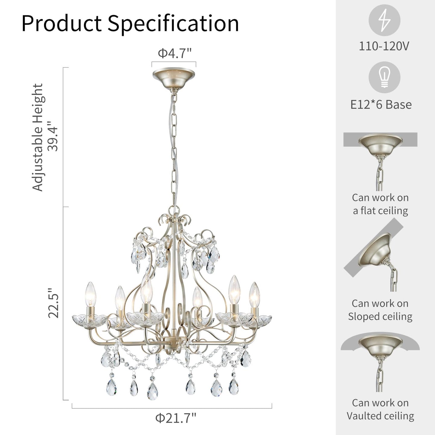 Wuzups Crystal Candle Chandelier Pendant Flushmount Ceiling Light Modern Lighting Fixture For Bedroom Hallway Bar Kitchen Bathroom  H 22.5 X W 21.7  Nickel  E12 Base