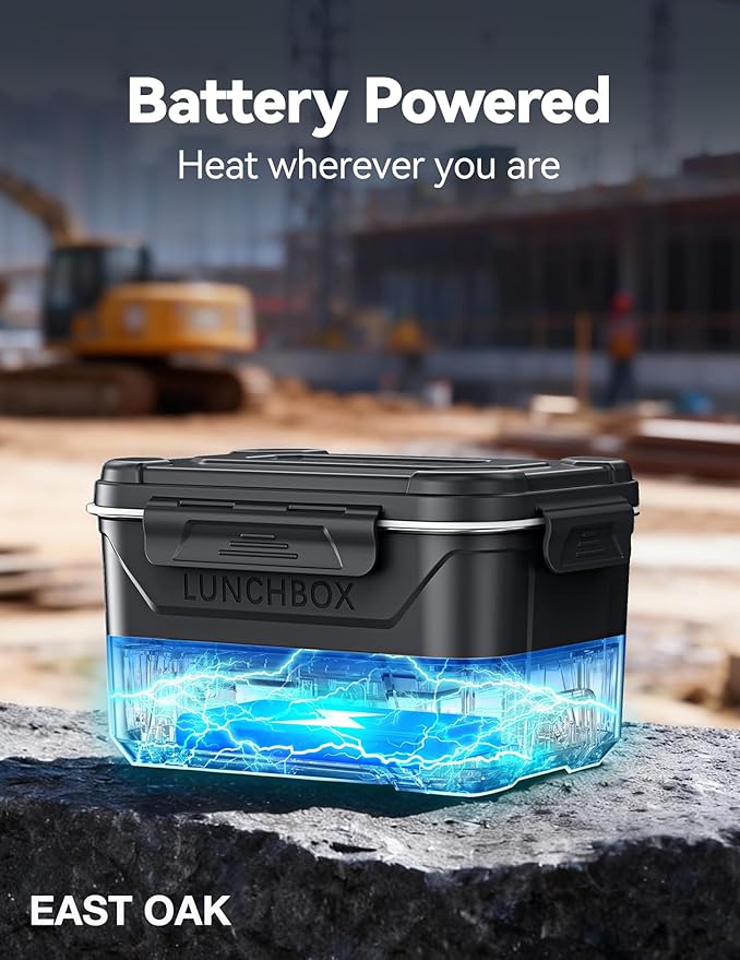 EAST OAK Rechargeable Self-Heating Lunch Box, 5.5 Cups Cordless Electric Lunch Box with Automatic Heating, Includes Fork, Spoon & Insulated Bag(Matte Black)