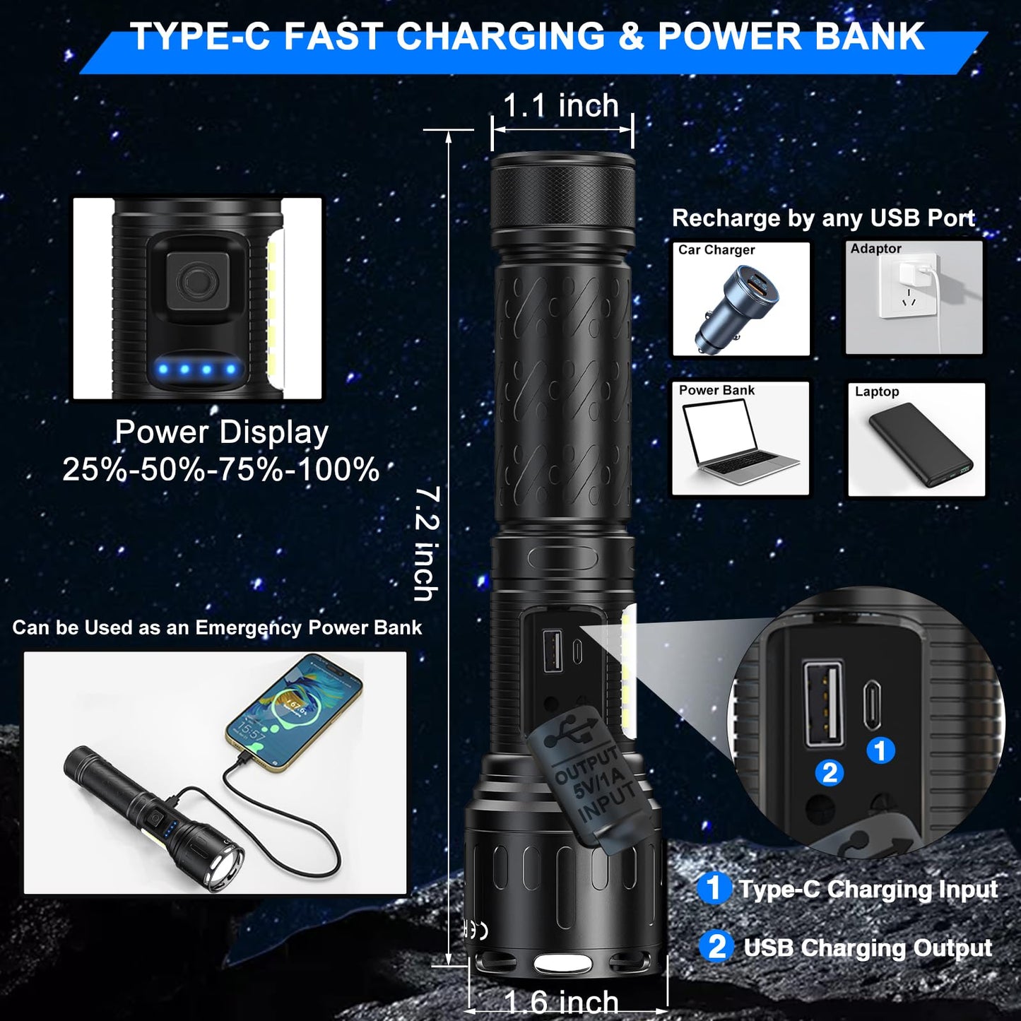 Rechargeable Magnetic Flashlights 100 000 High Lumens  Super Bright Led Powerful Flashlight 8 Modes With Cob Work Light  Waterproof Handheld Flash Light For Camping (2 Pack With Paper Box  Black)