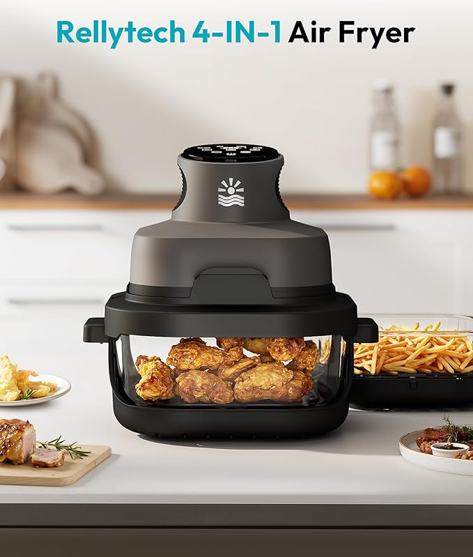 4-in-1 Portable Glass Air Fryer - 1500W, 4.2QT & 6 Cup Dual Containers, 140°F–400°F Temp Range, Microwave, Freezer & Dishwasher Safe, Grey