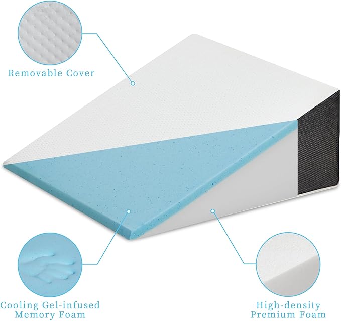 Bed Wedge Pillow for Sleeping, 8" 24" 24" Triangle Pillow Wedge, Cooling Memory Foam Top, Elevated Support Wedge Pillow - Removable Washable Cover