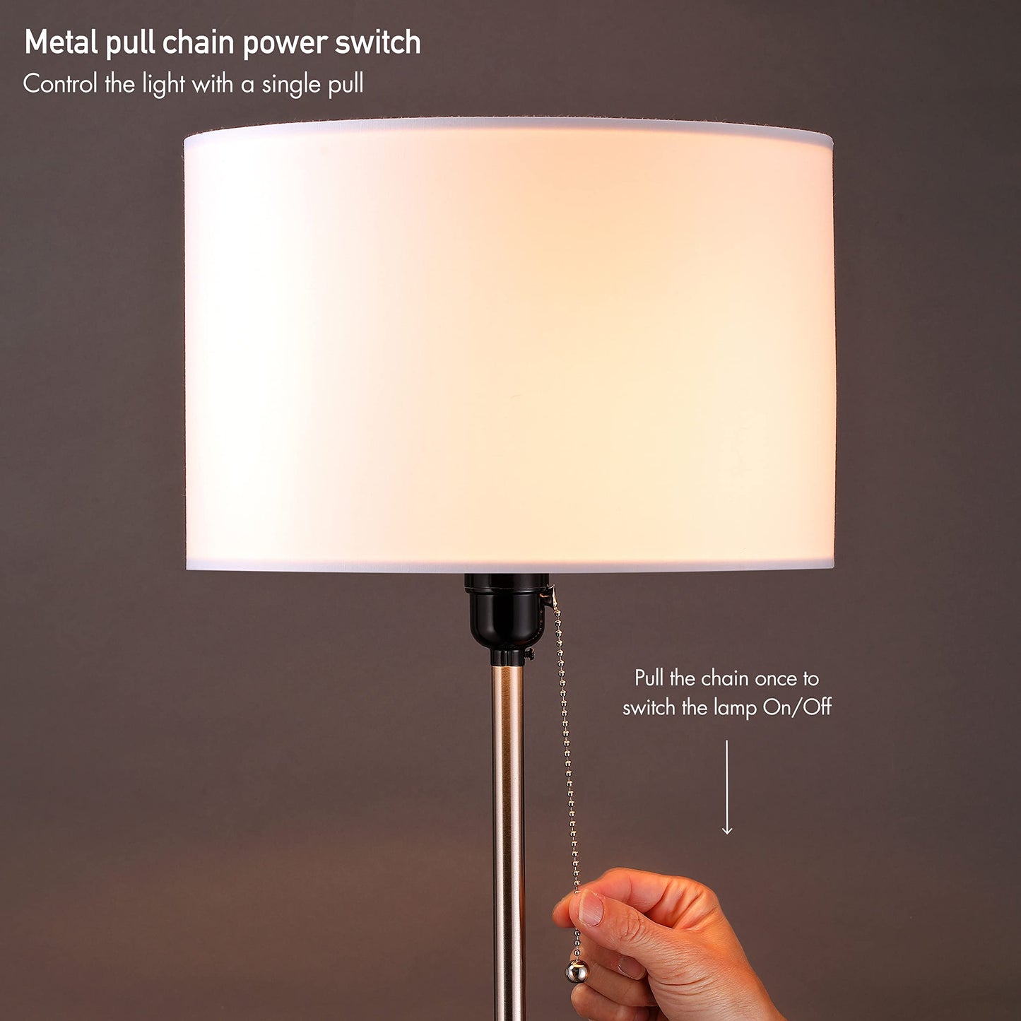 OBright Drum Shade Standing Lamp, Pull Chain Switch, E26 Socket, Modern Minimalist, Brushed Nickel, Model OB-FL19S