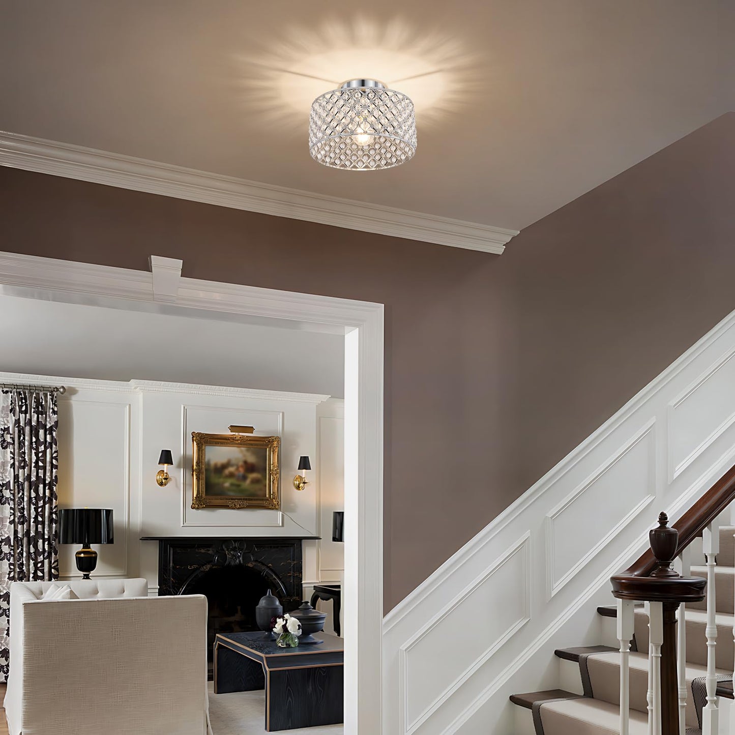 Bzvesr Chrome Crystal Ceiling Light Fixture Modern Semi Flush Mount Ceiling Lighting Fixture Round Small Chandelier For Dining Room  Hallway  Entryway  Kitchen  Bedroom Foyer 1 Light 11.2 Inch