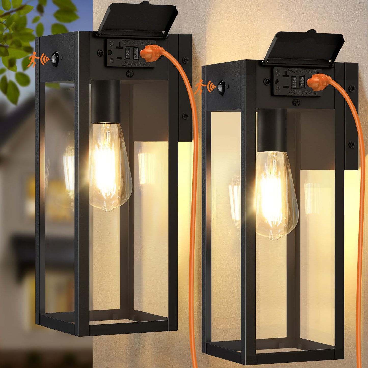 Oykyohei 2 Pack Large Porch Lights With Gfci Outlet  Dusk To Dawn Motion Sensor Outdoor Lights  2 Lighting Modes Waterproof Anti-Rust Wall Sconce Lantern  Outside Light For House  14.62 Inch