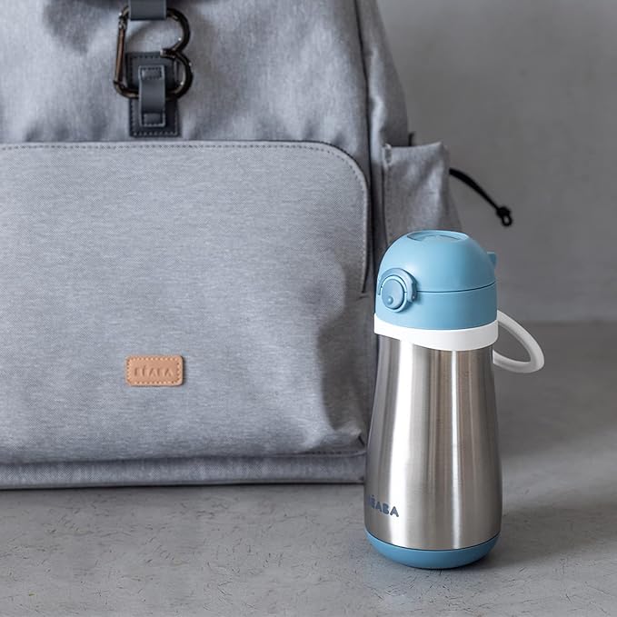 BEABA Kids Stainless Steel Insulated Water Bottle, Kids Water Bottle, Toddler Insulated with Spill Proof Spout and Close Top, Perfect for Travel, (Rain)