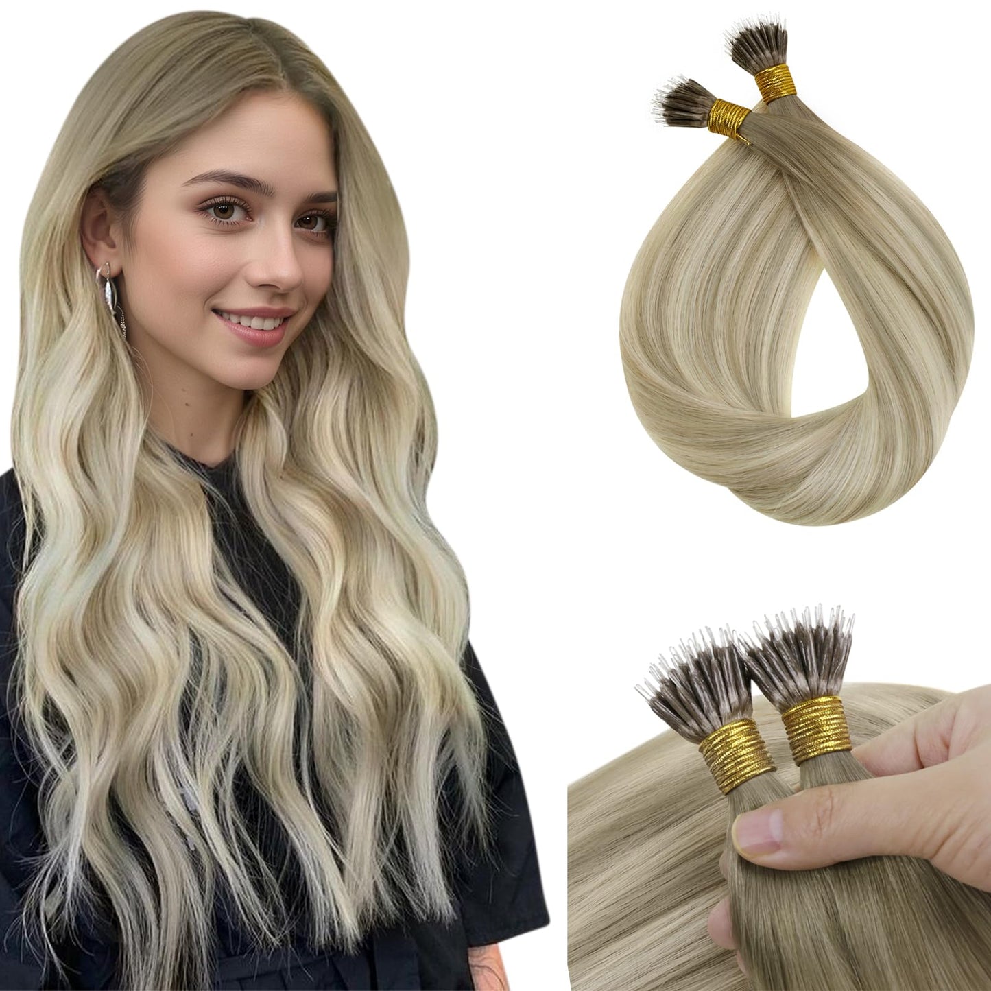Sunny Hair Nano Hair Extensions Human Hair Ash Blonde Ombre Platinum Blonde Nano Tip Hair Extensions Real Human Hair 24inch Nano