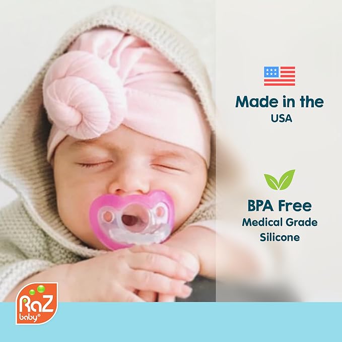 RaZbaby Bear RaZbuddy Stuffed Animal Pacifier Holder for Newborns & Up, Made in The USA, Detachable Orthodontic JollyPop Pacifier, Medical-Grade 100% BPA-Free Silicone, Baby Shower - 0 Months+