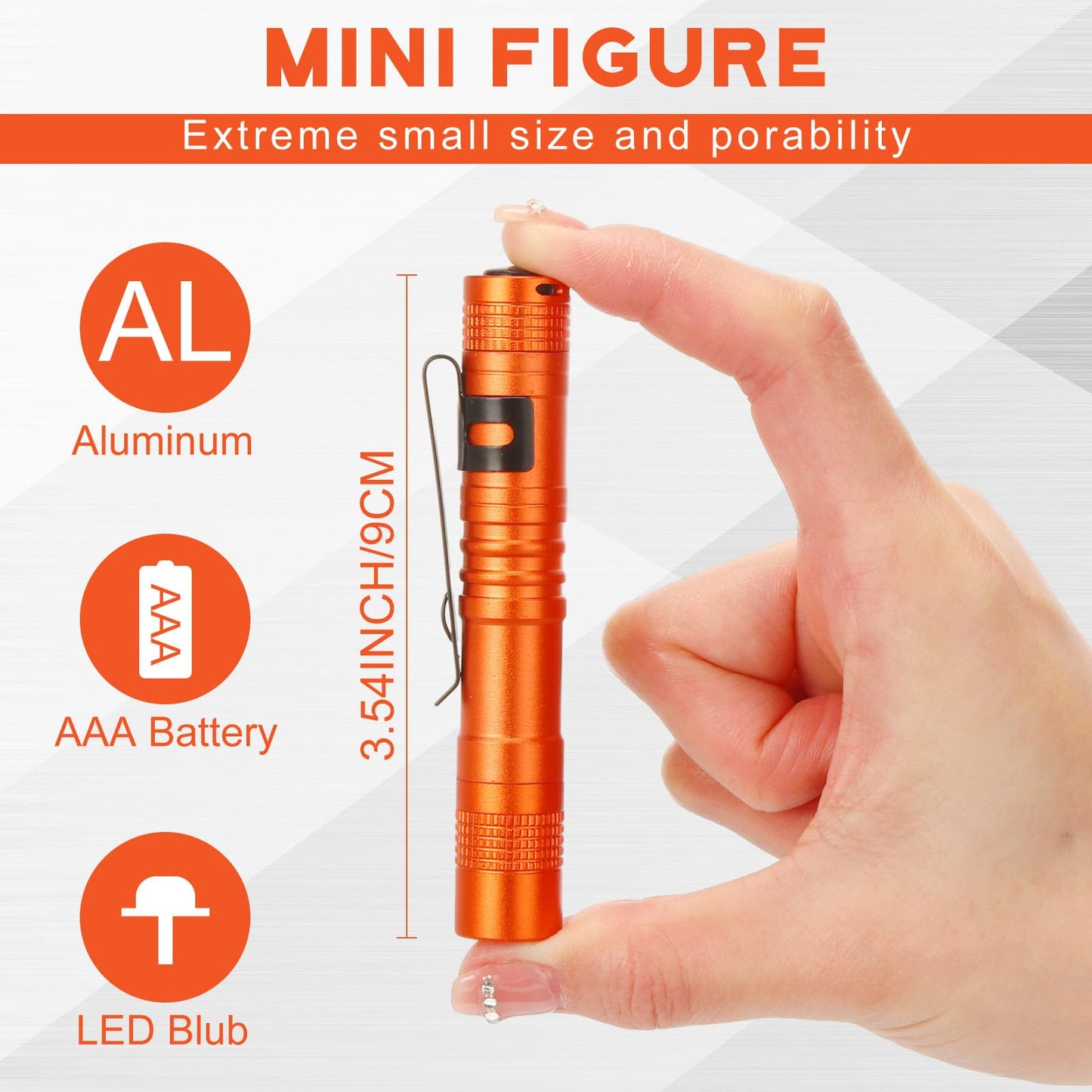 Hortsun Mini Pen Light Flashlights, 3.54 Inch, Aluminum, Orange, 20 Pcs, Pocket Size, Clip-On Design
