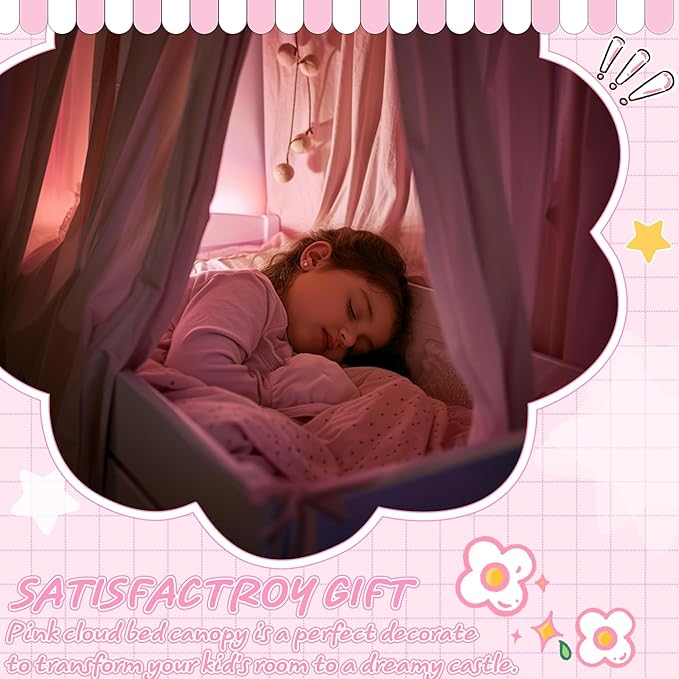 Hvqic Pink Canopy Bed Curtains - 4 Corner Post Bed Curtains Lightproof Princess Bed Canopy for Girls Rainbow Canopy Bed Curtains for Kids Room Decor(Full,Pink-Cloud)