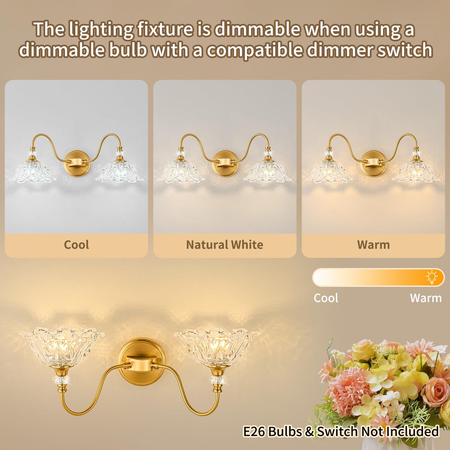 Sunkryster Gold Bathroom Vanity Light  2-Light Brushed Gold Finish Vanity Light With Floral Clear Glass Shades  Retro Wall Mount Lighting For Bathroom  Dressing Table