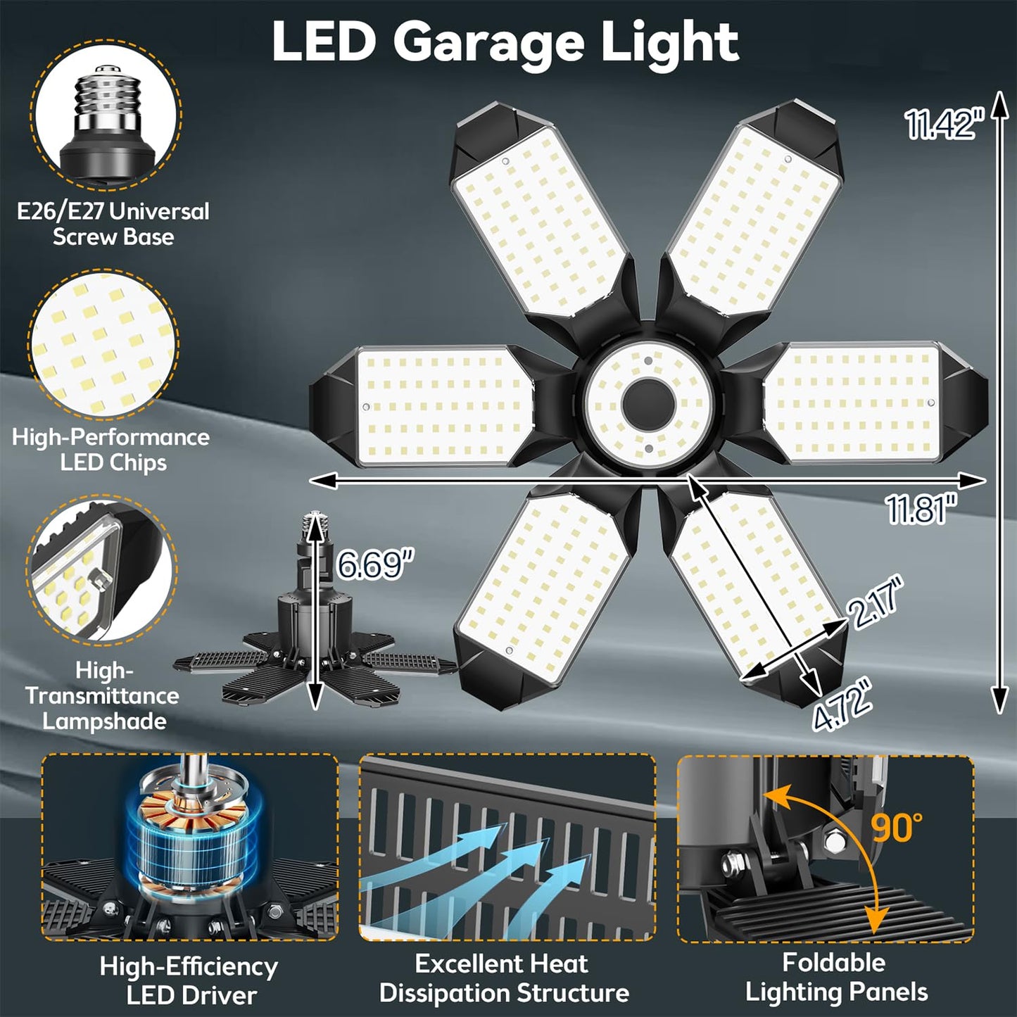 Led Garage Light Super Bright 15000Lm Led Shop Lights 6500K Garage Lighting  360?& 180?Djustable Basement Lights With 6 Deformable Panels Screw In E26/E27 Socket For Workshop Storage Barn Attic