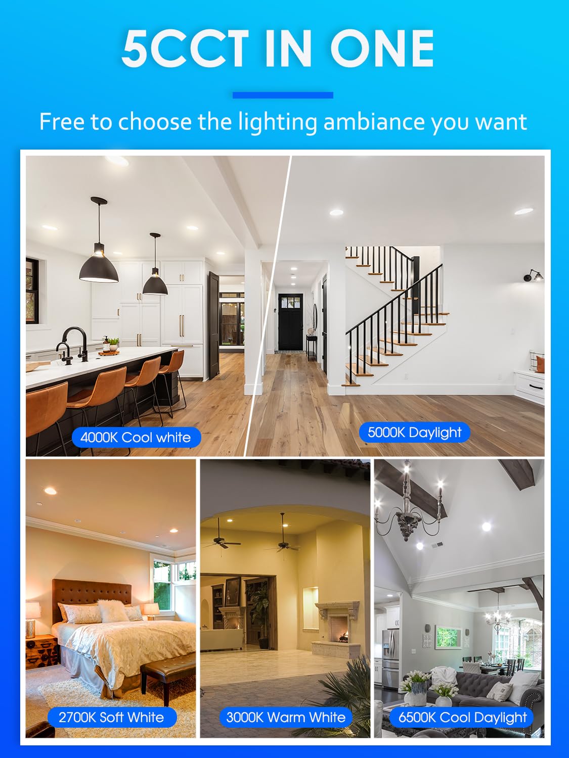 2 Pack 5/6 Inch 5Cct Led Recessed Lighting  Dimmable Can Lights With Baffle Trim  2700K/3000K/4000K/5000K/6500K Selectable  12.5W=100W  950Lm  Wet Rated  Retrofit Installation  Etl & Fcc