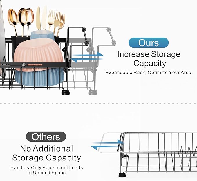 iSPECLE Expandable in Sink Dish Drying Rack with Mat - Adjustable Capacity Over The Sink Dish Drainer Drying Rack with Utensil Holder, 12.4"-17.1" L x 12" W, Black