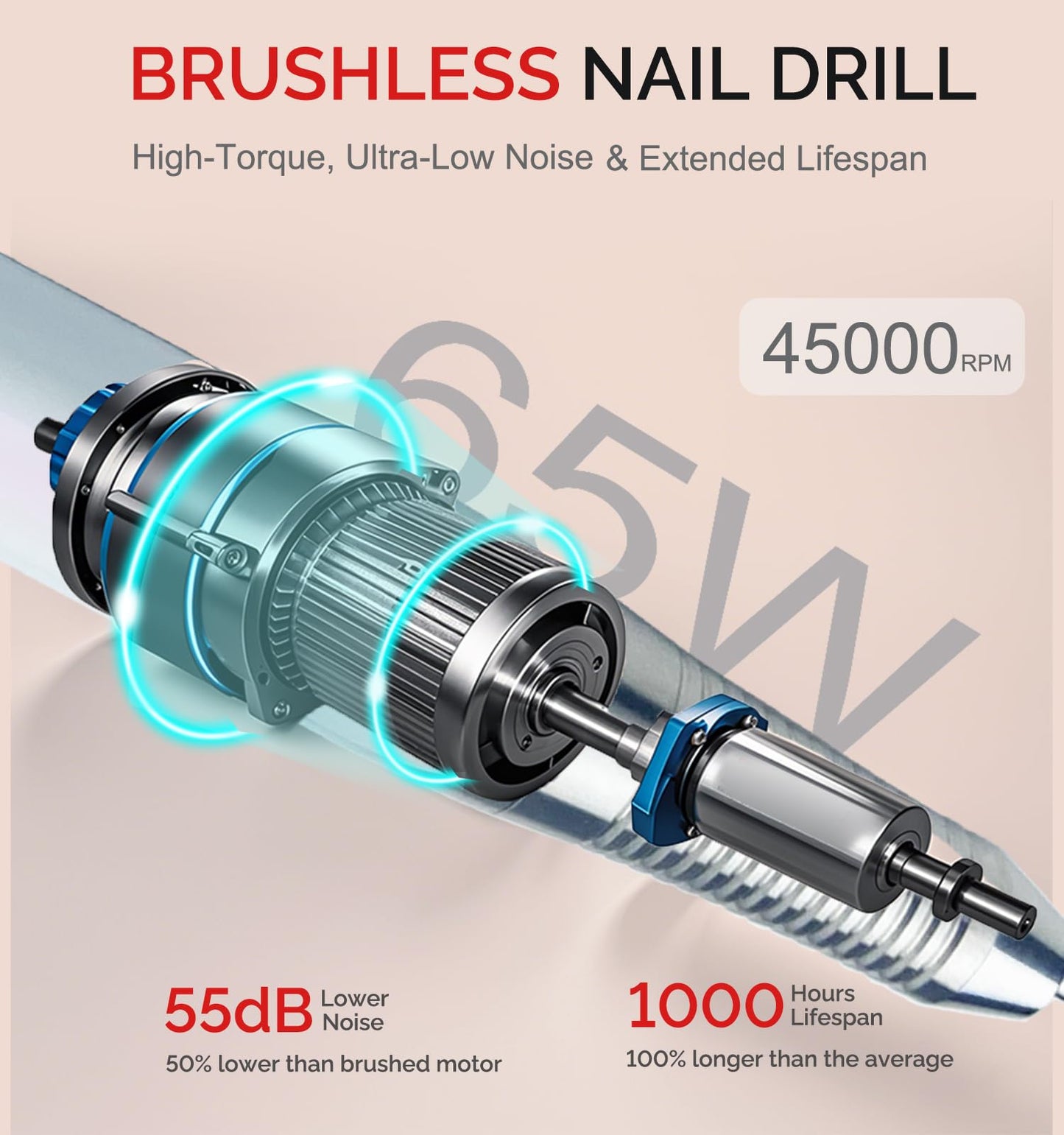 Lumcrissy Professional Nail Drill Machine - Cordless Brushless Motor Nail File, 45000 RPM 2*3500mAh Portable Efile for Acrylic G