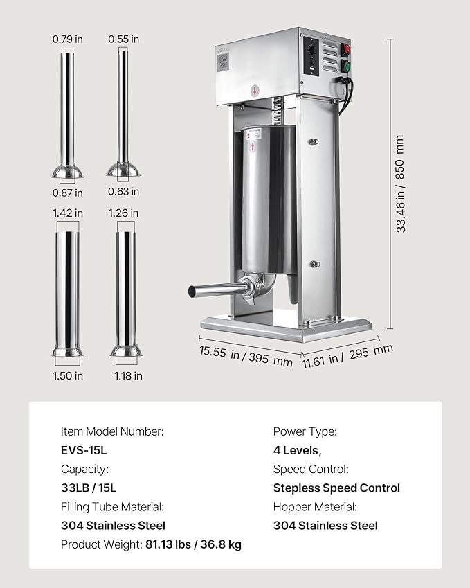 VEVOR Electric Sausage Stuffer, 33 LBS / 15 L Vertical Meat Stuffer, Stepless Speed Control and Foot Pedal, Stainless Steel Heavy Duty Sausage Filler with 4 Stuffing Tubes, for Commercial & Home Use