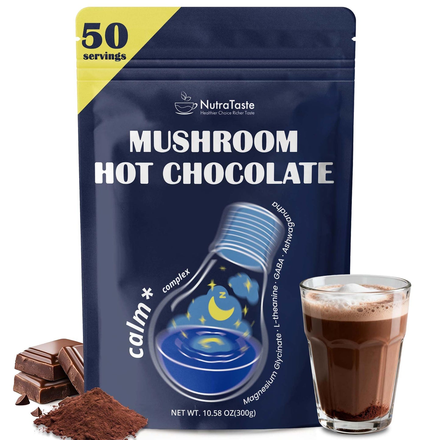Mushroom Hot Chocolate for Calm, 50 Servings Cocoa Powder | 10 Mushrooms Supplements with Magnesium Glycinate, L-Theanine, Ashwa