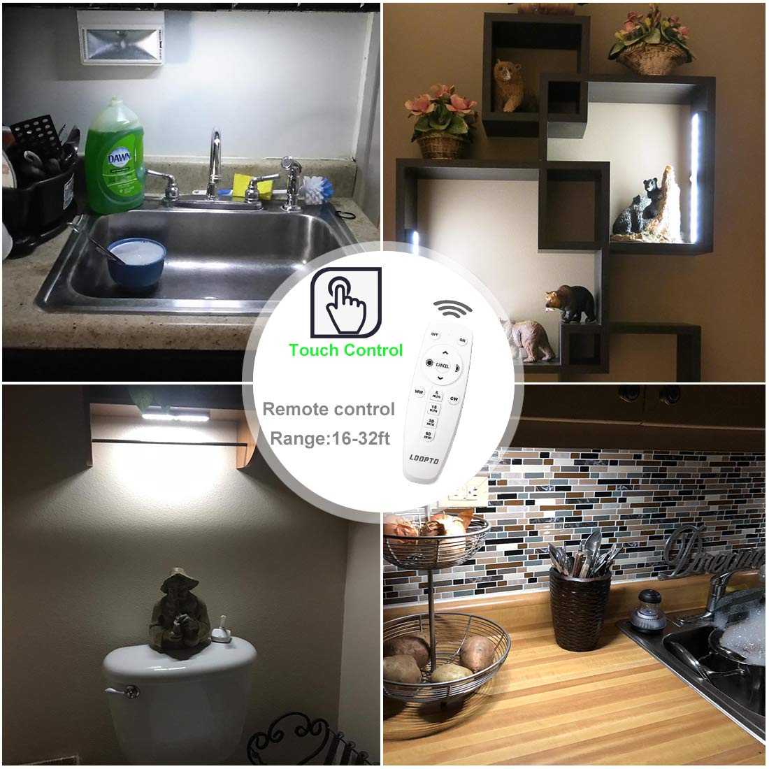 LDOPTO LED Under Cabinet Lights, Wireless Dimmable, Warm White, 6 Pack, Model UF13