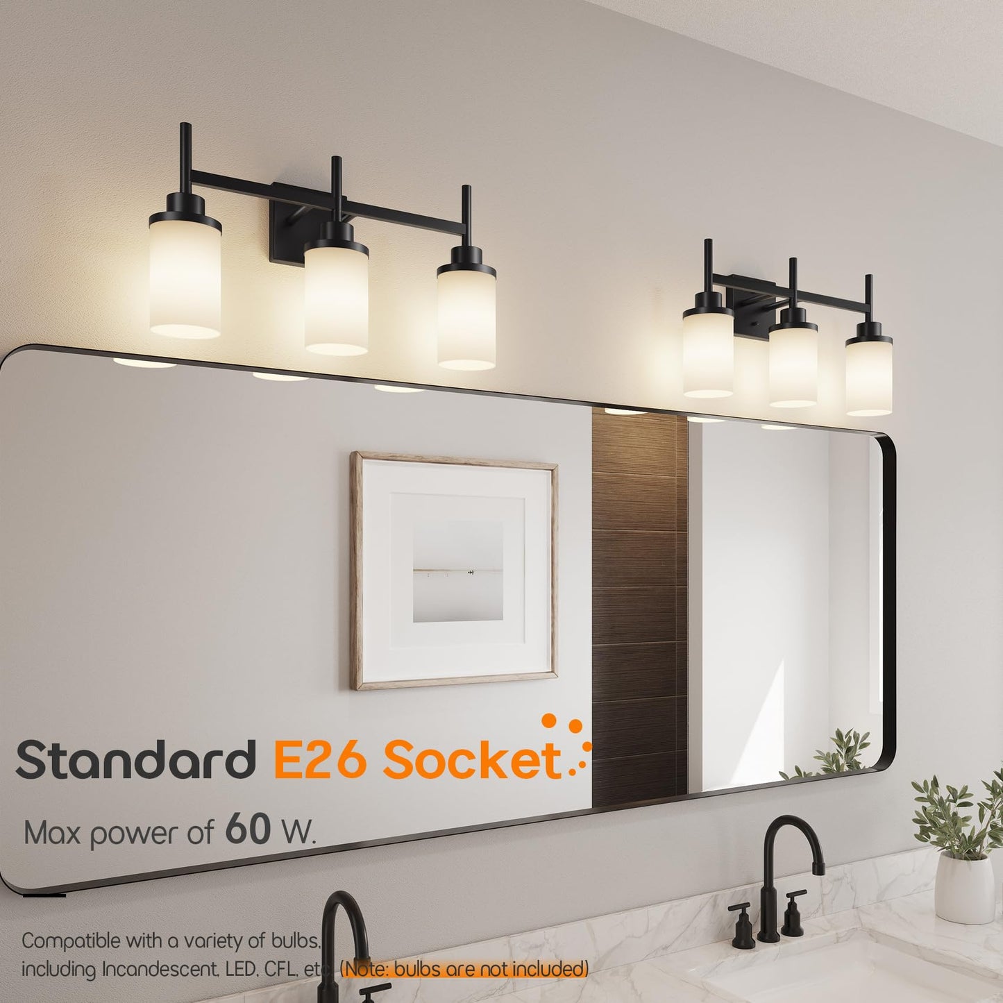 Aoneon Bathrom Light Fixtures Matte Black 3 Lights Over Mirror  Wall Sconces Lighting With White Frosted Glass Shade For Toilet Washroom Bath T001Mb-L3