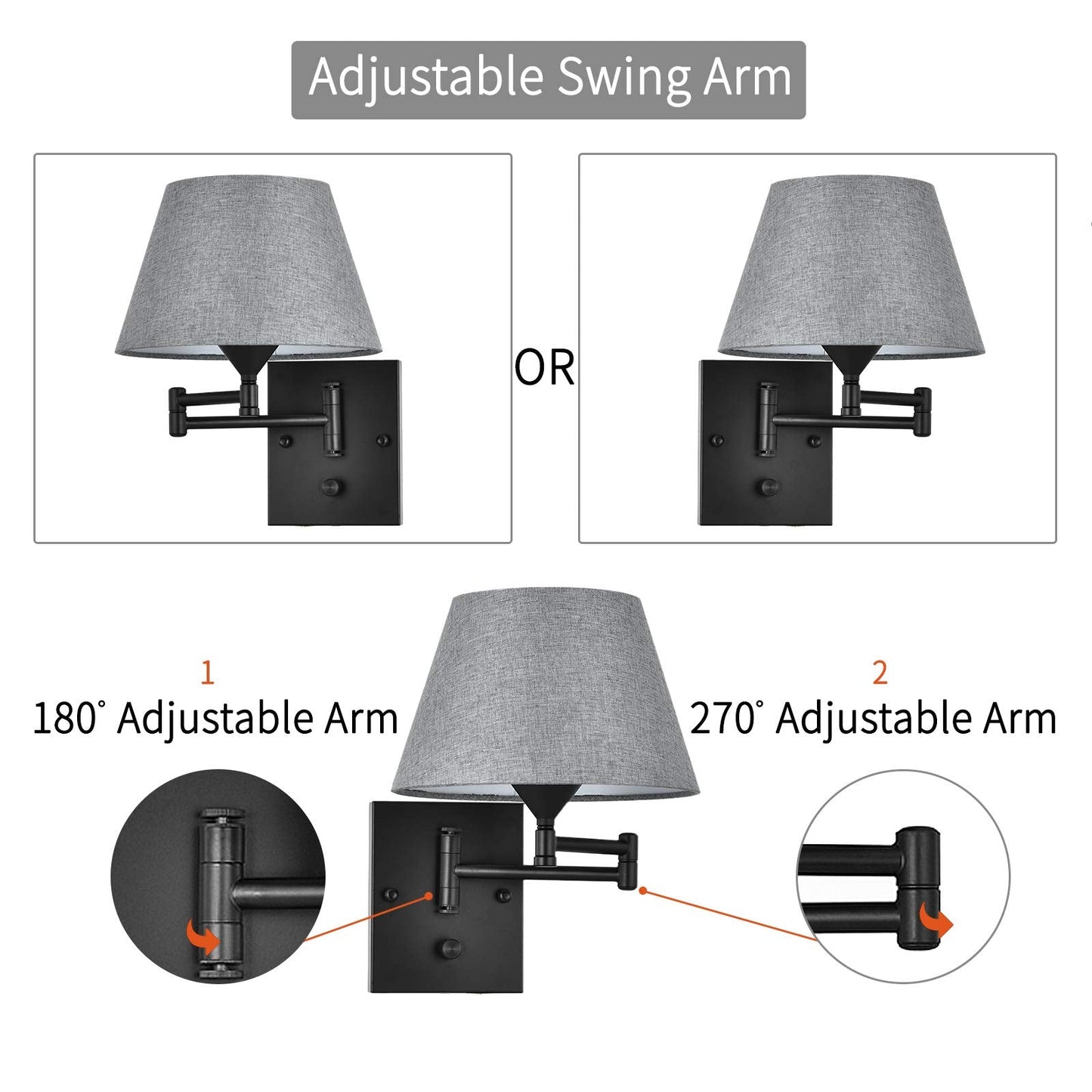 Pauwer Plug In Wall Sconce Set Of 2, Swing Arm Lamp, Gray Fabric Shade, Metal, Ideal For Bedroom, Hallway, Living Room