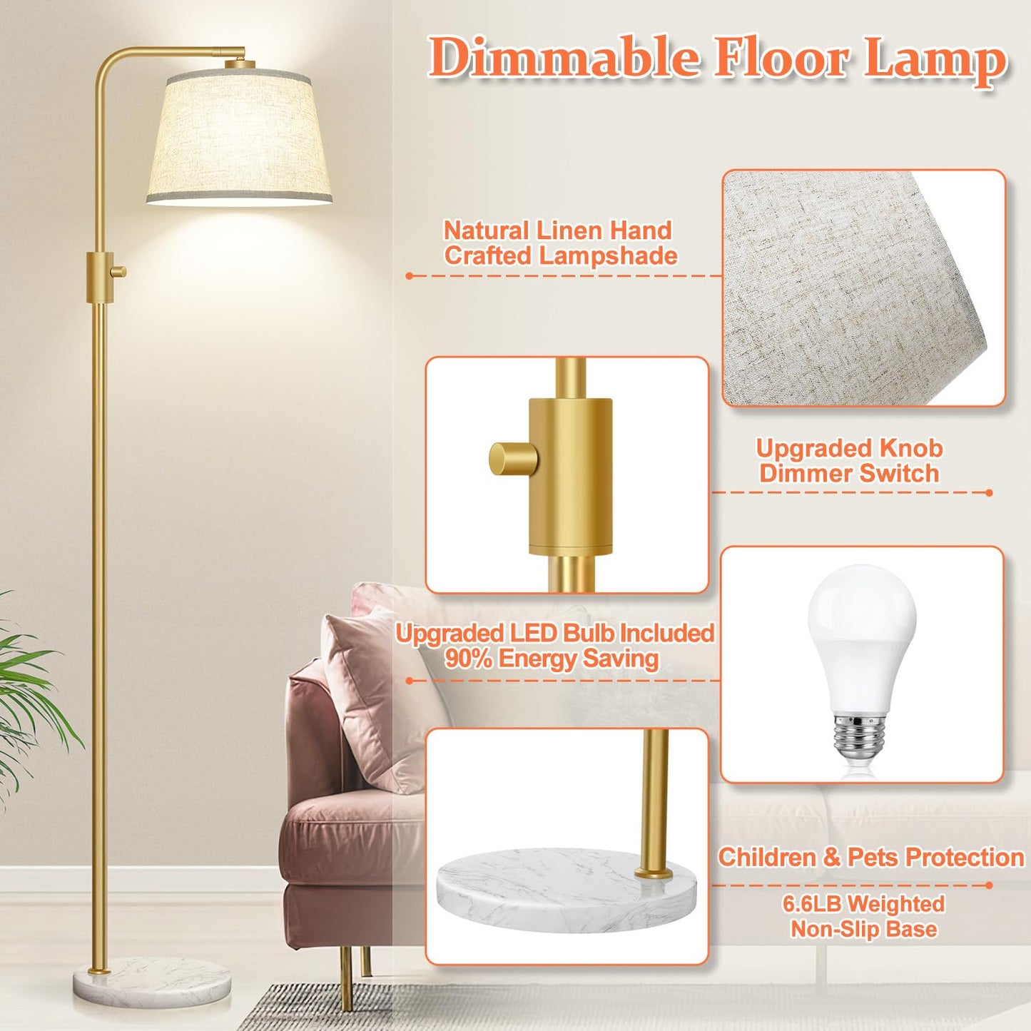 Nintiue Dimmable Arc Floor Lamp with 1000 LM LED Edison Bulb, Gold-Linen Shade, Marble Base, Model FL16886