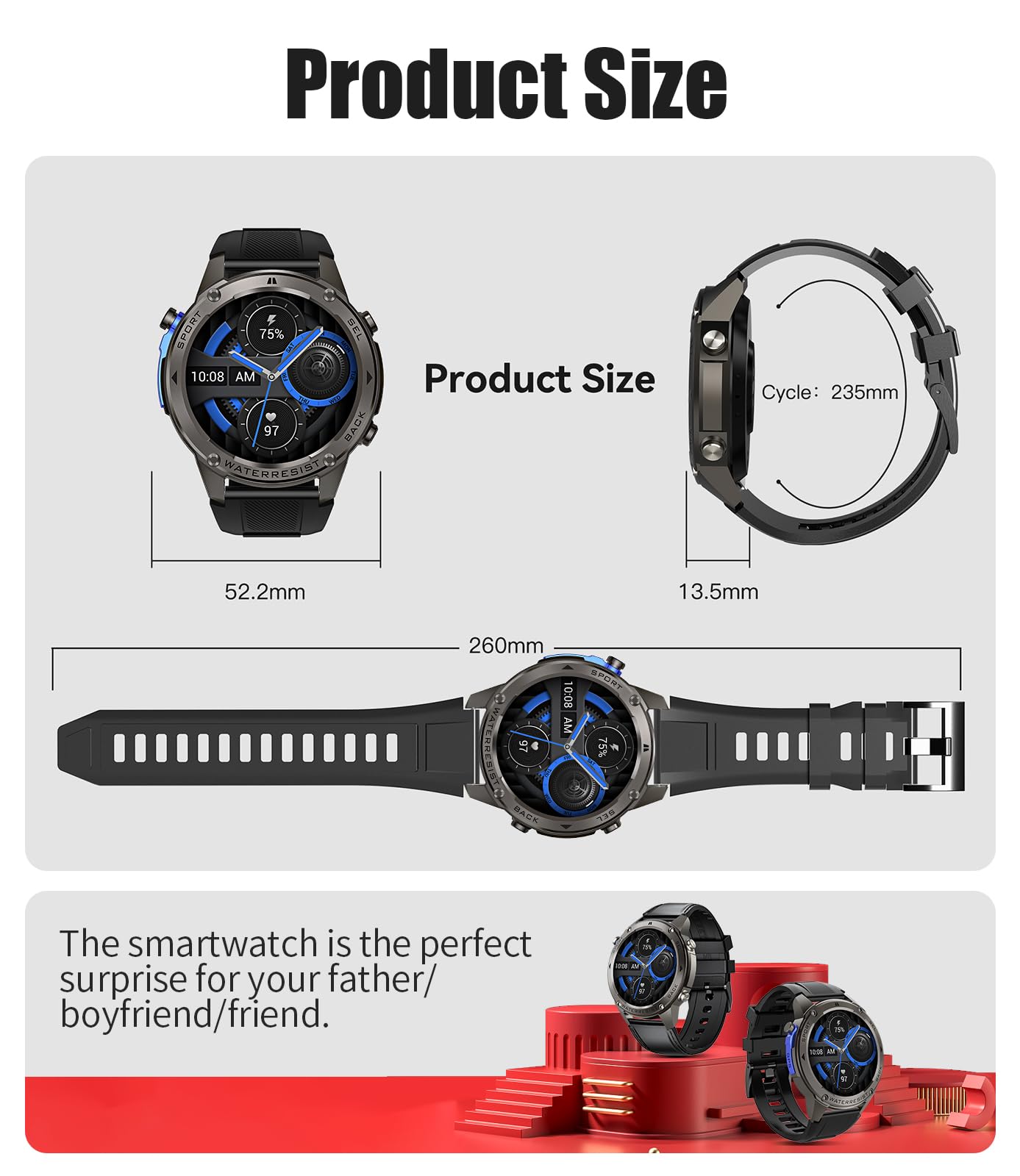 GPS Smart Watch for Men(Answer/Make Call),6 Satellite Positioning/Compass,50M Waterproof,600mAh Extra-large battery,1.43" AMOLED,170 Fitness Sports Modes/Heart Rate/SpO2/pedometer for Android/iOS
