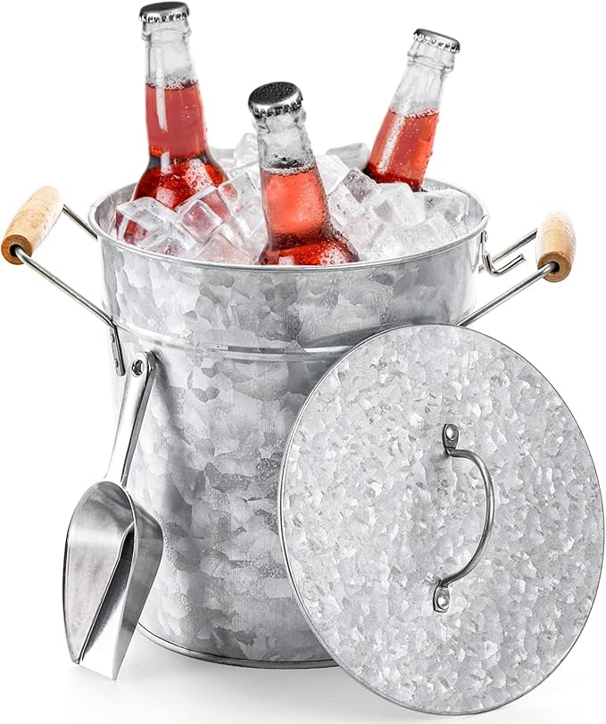 Frcctre Farmhouse 4 Liter Ice Bucket with Lid, Galvanized Metal Beverage Tub with Scoop and Handles, Drink and Wine Chille...