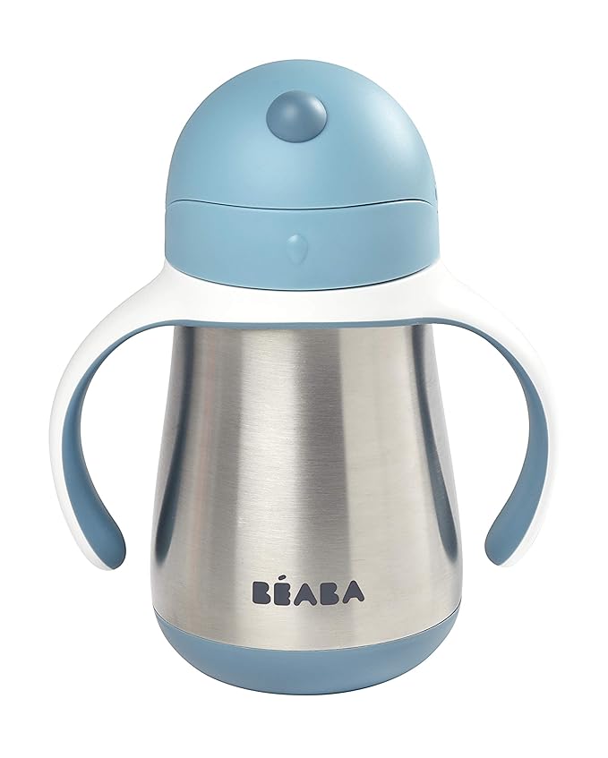 Beaba Stainless Steel Straw Sippy Cup, Insulated Toddler Cups Spill Proof with Removable Handles, Made with High Grade Stainless Steel, 8+ months, 8.5 oz (Rain)