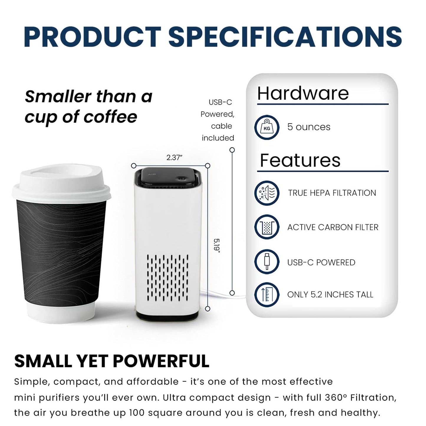 KIKI PURE A1 2021 Mini HEPA USB-C Powered Air Purifier. Ultra Portable (5.2in tall, 6.7 ounces), Ultra Quiet. for Travel, In-Car and Desktop (White)