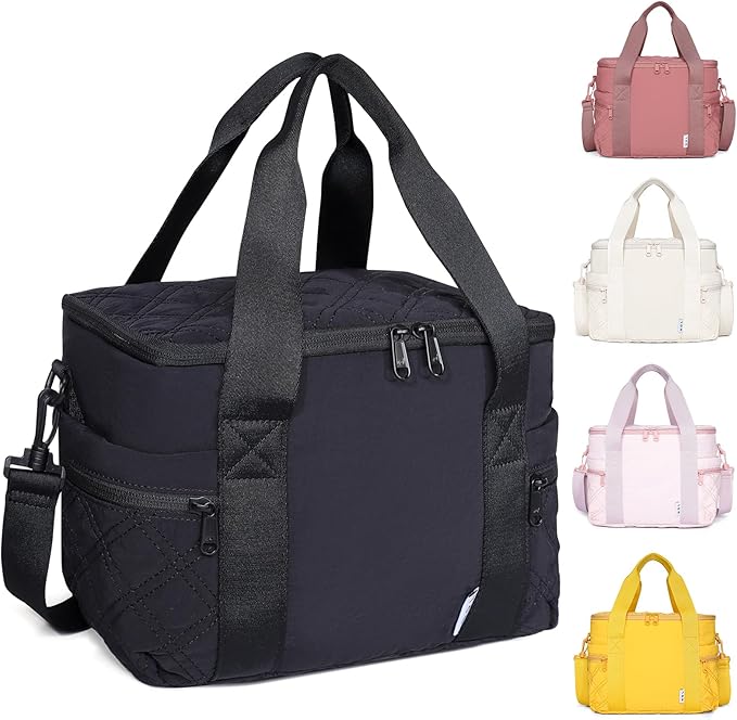 NOL Natural Organic Lifestyle Women's Nylon Lunch Cooler Cute Quilted Lunch Bag Large Leakproof Insulated Lunch Tote Bag for Work Picnic Travel,Black