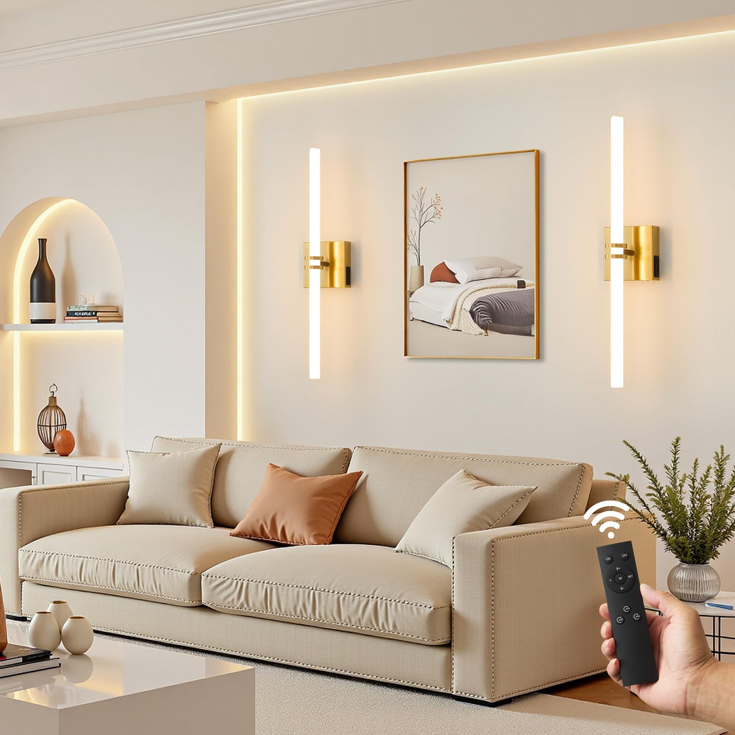 Eicrkodn Battery Operated Wall Sconce, Gold, Dimmable Remote, 22 Inch, LED Wireless Lamp for Bedroom and Hallway