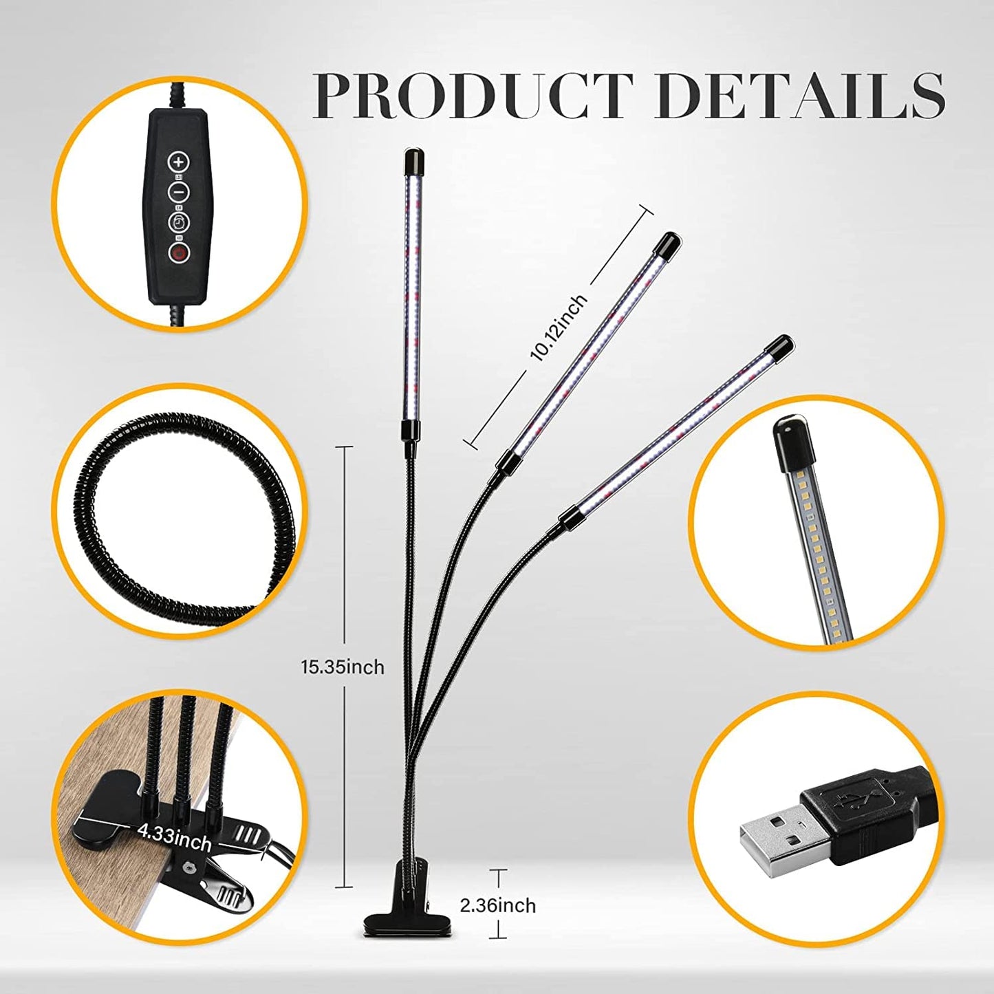Ipower 6000K Led Grow Light - Full Spectrum Clip Lamp With 126 Leds, 5-Level Dimmable, Timer, 3 Tubes, White