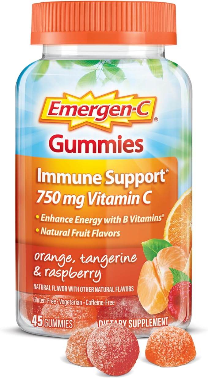 Emergen-C 750mg Vitamin C Gummies for Adults, Immunity Gummies with B Vitamins, Gluten Free, Orange, Tangerine and Raspberry Flavors, 45 Count (Pack of 1)