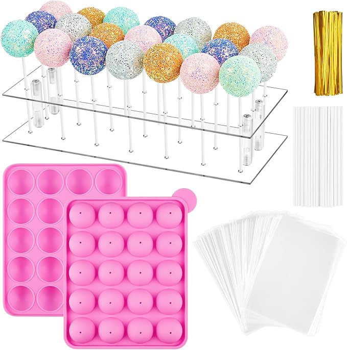 Kucoele Cake Pop Mold Set, Including 21 Hole Clear Acrylic Lollipop Display Stand Holder, 20 Cavity Pink Silicone Cake Pop Mold, Cake Pop Sticks Treats Bags and Twist Ties