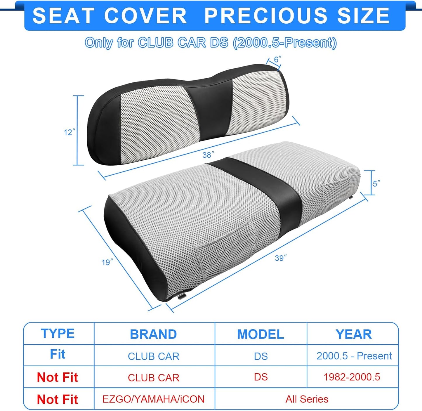 Golf Cart Seat Covers For Club Car DS Seat Cover OEM Front,Breathable Fabric and Leather Front Seat Cover Like Gloves,Full Wrap-Around Design of Club Car DS (2000 to Up) Golf Cart Front Seat Cover