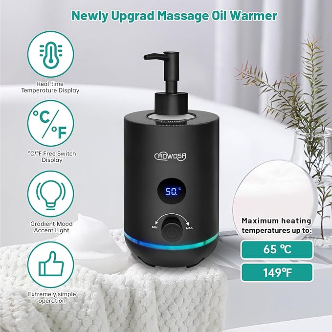 Massage Oil Warmer Bottle Professional Electric Lotion Digital Heater for SPA, Portable Oil Warmer Heated Cream for Beauty Salon Home, with Gradient Atmosphere Lamp, ℃/℉ Switchable Display