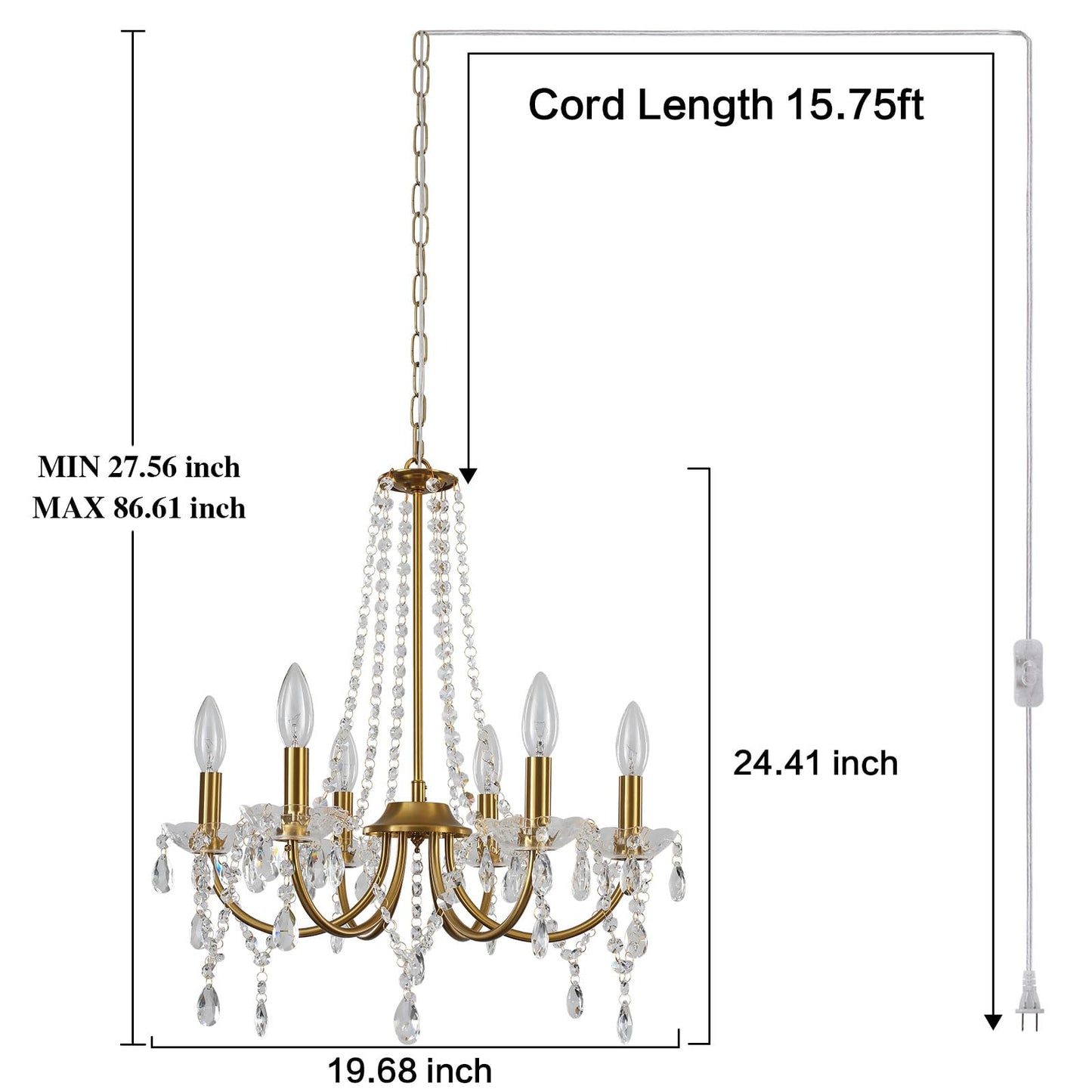 Meijia Plug In Crystal Gold Chandeliers Lighting Fixture 6 Light Modern Crystal Chandelier With 15.75Feets Plug In Cord Gold Mini Plug In Chandelier For Dining Room Bedroom Entryway Bathroom Closet