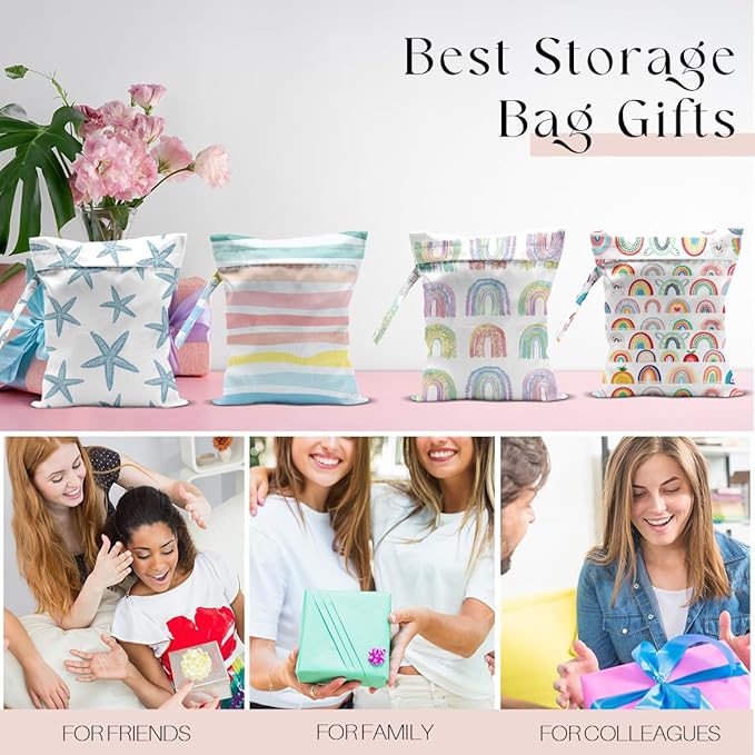 4Pcs Waterproof Wet Bag for Swimsuit, Travel Beach Wet Dry Bag, Hidden Zipper Reusable Rainbow Starfish Decor, for Travel Beach Wet Swimsuits Toiletries Diapers Dirty Gym Clothes Laundry Bag