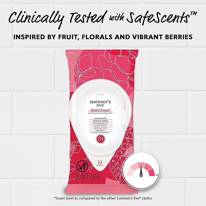 Summer's Eve Blissful Escape Feminine Wipes, Gentle pH-Balanced Formula Helps Control Vaginal Odor, Resealable Pack, 32 Wipes