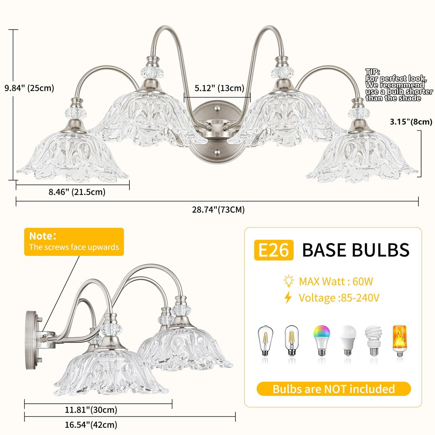 Brushed Nickel Bathroom Vanity Light  4-Light Vanity Light With Floral Clear Glass Shades  Brushed Nickel Wall Mount Lighting For Bathroom  Dressing Table