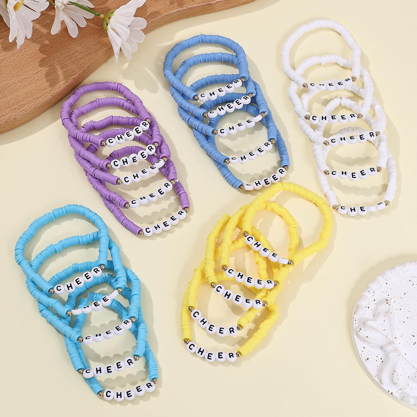 Cooluckday 24 Pcs Cheer Gifts Bulk for Team Cheer Bracelets Stackable Clay Y2k Friendship Bracelets(Purple)