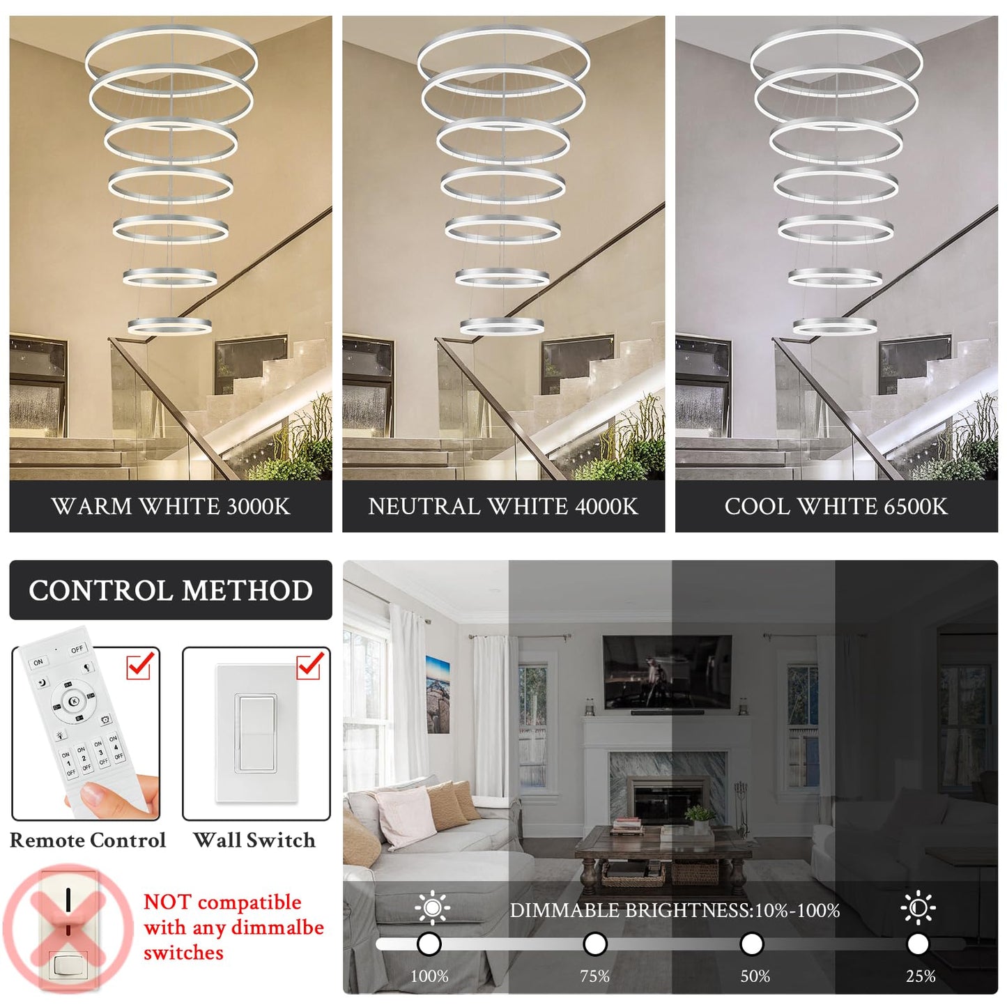 Sparklelf Modern LED Chandelier, 7 Rings 31.5in, Dimmable, Remote Control, Silver Finish, for High Ceilings, Entryway, Dining Room
