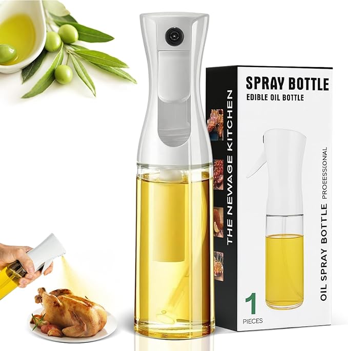 BOKKY Olive Oil Sprayer for Cooking, 220ml Glass Olive Oil Spray Bottle with Continuous Fine Mist, Food Grade Oil Sprayer for Air Fryer, Salad, BBQ, Baking, Frying (White / 1 Pack)