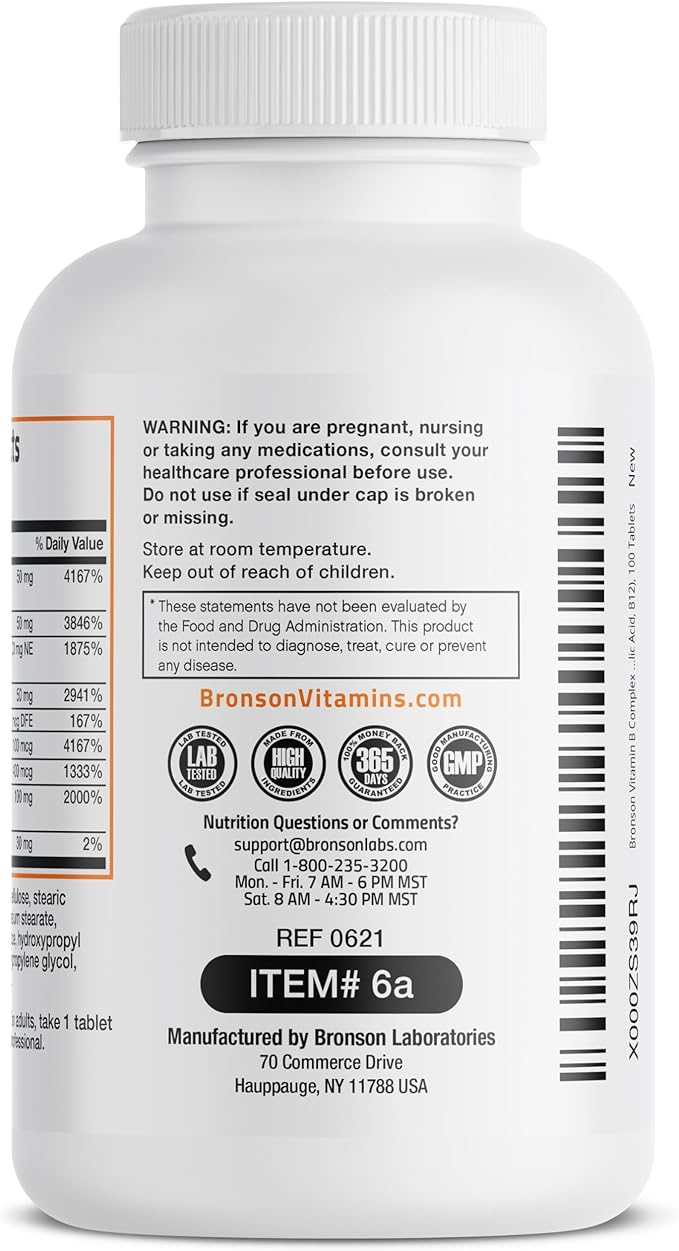 Bronson Vitamin B Complex (Vitamin B1, B2, B3, B6, B9 - Folic Acid, B12), 100 Tablets