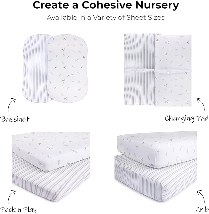 Ely's & Co. Pack and Play Sheets, for Mini/Portable Crib, 2 Pack Fitted Playpen Play Yard Sheet Set Compatible with Graco Pack n Play, for Baby Boys, 100% Cotton, 38”x24”x5” Blue Dragonfly + Stripes